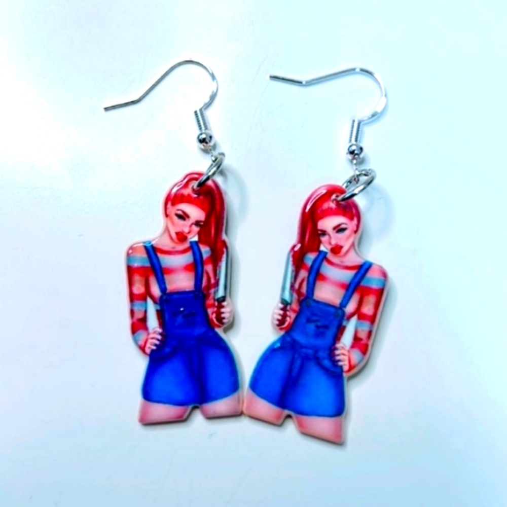 BRIDE OF CHUCKY PIN UP EARRINGS WITH STERLING SILVER EAR WIRES - Picture 1 of 1